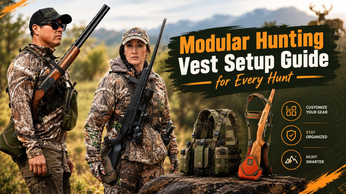 Modular hunting vest setup guide featuring hunters in camouflage gear, tactical hunting vests, and customizable outdoor hunting accessories.