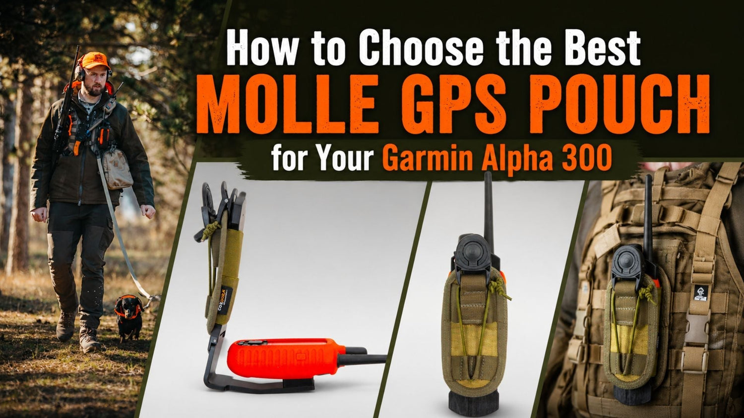 Hunter using a MOLLE GPS pouch with Garmin Alpha 300 holster and tactical backpack in the field, showing a rugged hunting GPS holder for outdoor dog tracking and upland hunting.