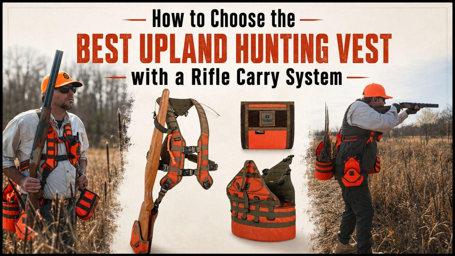 Best upland hunting vest with rifle carry system field guide banner featuring pheasant hunter and hunting gear