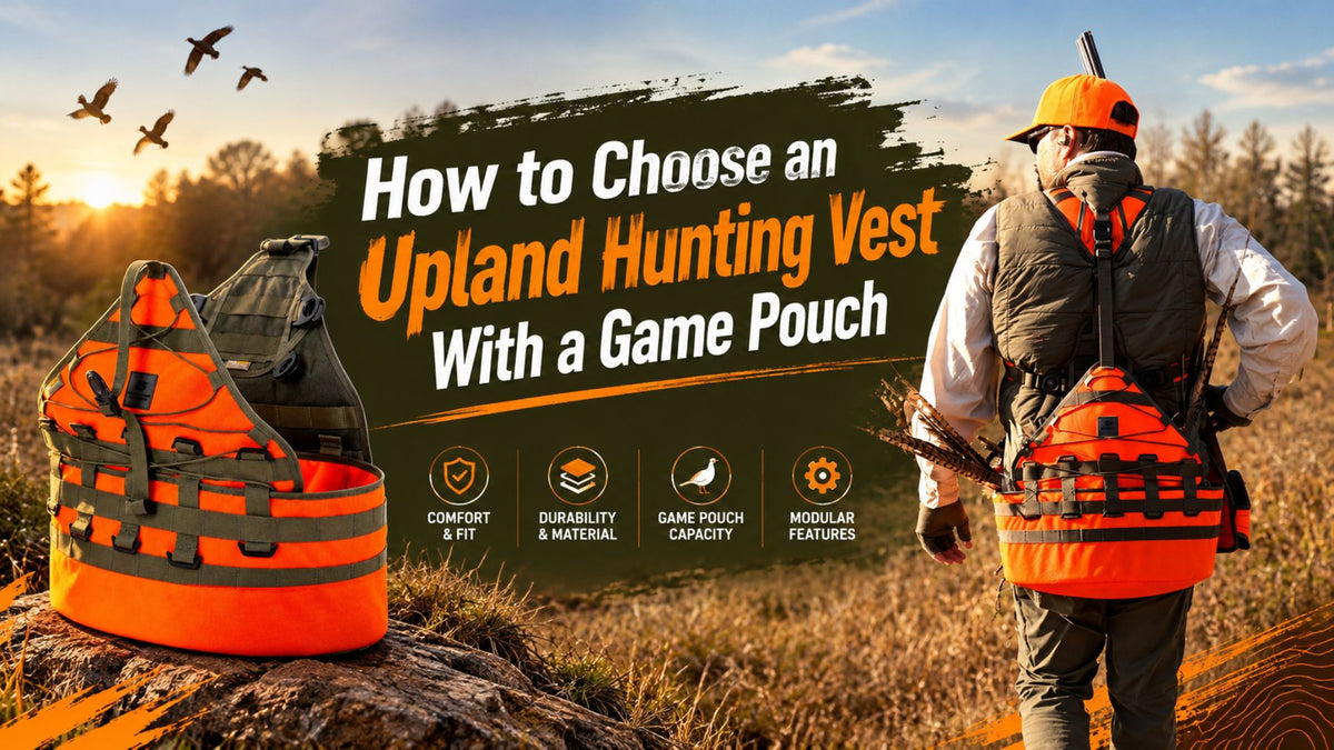 Upland hunting vest with blaze orange game pouch displayed alongside a hunter in a field, illustrating how to choose a comfortable and durable hunting vest.